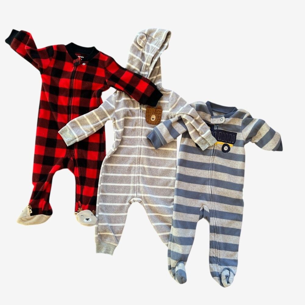 Lot of 3 Carter's Boys 9 mo Fleece Sleepers stripes buffalo plaid